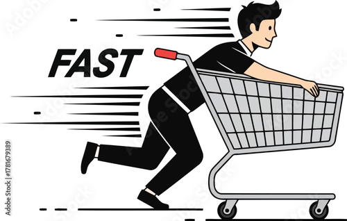 Dynamic businessman rushing shopping cart fast delivery speed service express online retail concept vector