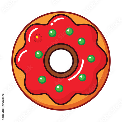 A delicious donut with red icing and green sprinkles, , perfect for a sweet treat or dessert