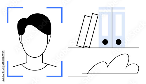 Face recognition frame around a person, bookshelf with files and books, and a cloud shape. Ideal for AI, technology, identity, data management, cloud storage organization privacy themes. Simple