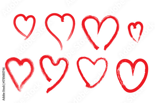 Collection of red heart brush strokes valentines day templates rough textured edges
