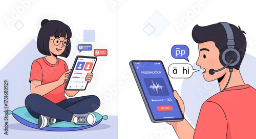 Illustrations of a woman and a man using a language learning and translation application on their tablets.