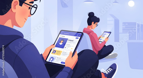 People using tablets in a modern, bright setting, illustration.