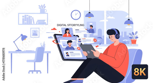 A man wearing headphones uses a tablet for digital storytelling or a virtual meeting in a modern home office setting.