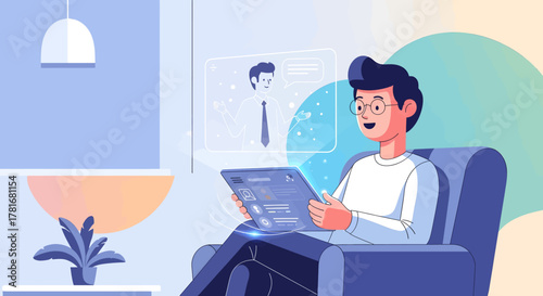 A student watches an online educational course on a large tablet surrounded by learning icons.