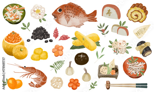 水彩の優しいタッチで描いたおせち料理セット（お正月・和食の縁起物パーツイラスト集）ベクター素材