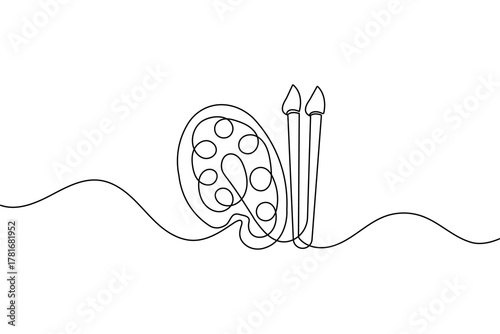 Continuous one line drawing of paint palette and brush minimalist outline art vector design
