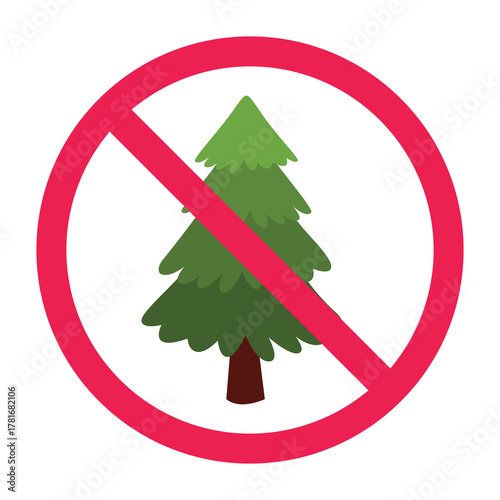 No tree sign, forbidden sign with pine or spruce trees icon, environmental restriction warning vector image, red crossed circle symbol, flat vector illustration
