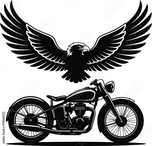 Vintage motorcycle chopper with flying eagle silhouette
