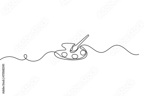 Continuous one line drawing of paint palette and brush minimalist outline art vector design
