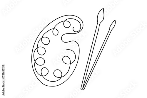 Continuous one line drawing of paint palette and brush minimalist outline art vector design
