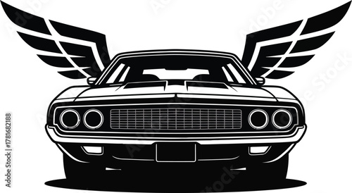 Front view of a classic american muscle car with wings silhouette
