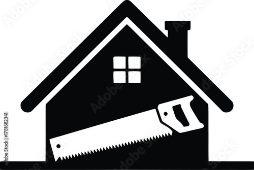 House with hand saw for home repair and construction silhouette