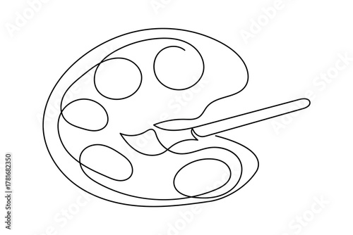 Continuous one line drawing of paint palette and brush minimalist outline art vector design

