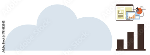 Cloud symbol connected to analytics tools, graphs, and bar charts, emphasizing data storage, analysis, collaboration, and business growth. Ideal for technology, data-driven insights communication