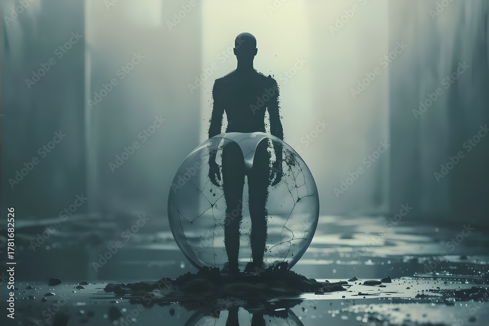 Obraz premium Isolated Fragmented Soul: Dark, solitary figure dissolving in a cracked glass sphere on a wet, post-apocalyptic urban ground. Surreal, profound concept