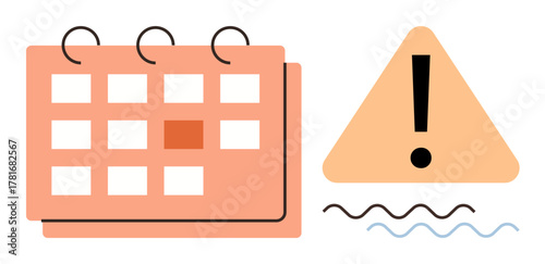 Calendar with a marked date next to a triangle with an exclamation point, suggesting urgency or alerts. Ideal for scheduling, planning, deadlines, reminders, caution, priorities, simple flat metaphor