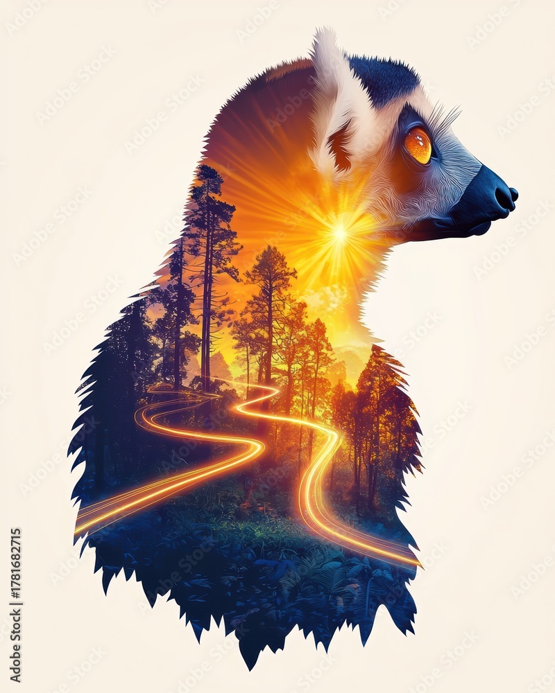 Obraz premium Majestic Lemur Silhouette with Forest Landscape and Dramatic Sunrise Light on a Winding Road for Nature, Wildlife, and Surreal Art Concepts