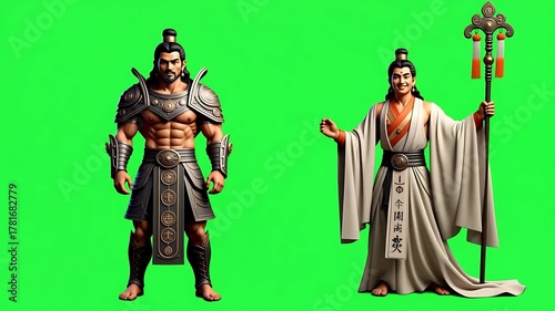 Ancient Asian Fantasy Warrior and Wise Sage Characters Isolated on Green Screen Background