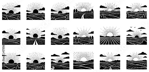 Collection of various sunrise landscape illustrations with sun rays for design needs