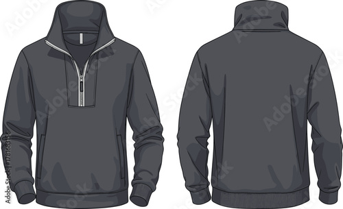 Half zip pullover sweatshirt front and back view, modern casual fashion design, unisex streetwear apparel template, stylish garment, CAD vector illustration