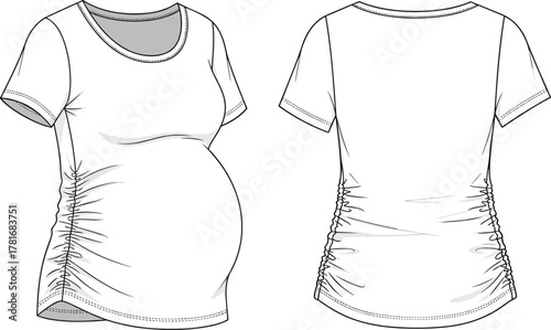 Maternity t-shirt front and back view, short sleeve pregnancy wear design, comfortable casual fashion top, ruched sides clothing, CAD vector illustration