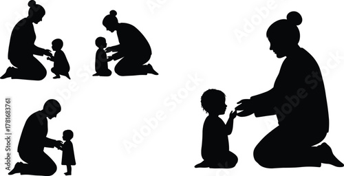 Silhouette of adult and child bonding, parenting moment, emotional connection, nurturing gesture, family love, teaching interaction, black figures, isolated white background, 