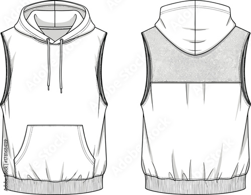 Sleeveless men hoodie front and back view with drawstring hood and kangaroo pocket, casual gym wear fashion, flat vector illustration