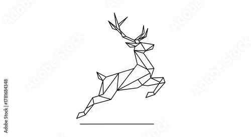 Geometric reindeer leaps gracefully in minimalist black and white design, perfect for modern holiday cards, logos, and stylish seasonal decorations