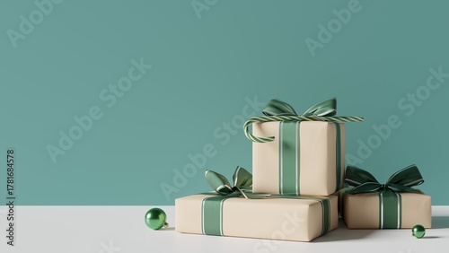 christmas gift boxes with green ribbon and christmas ornament. 3d rendering 
