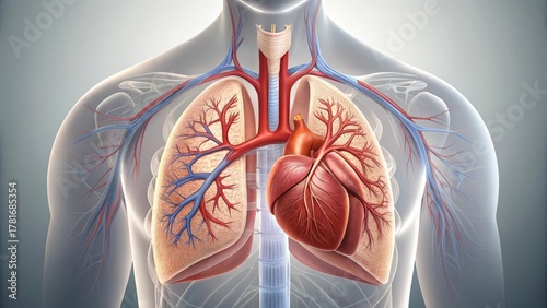Anatomy of human lungs and heart showing blood vessels