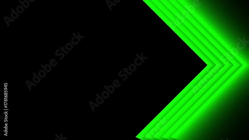 Futuristic neon green glowing chevron arrows animation right on a black abstract technology background