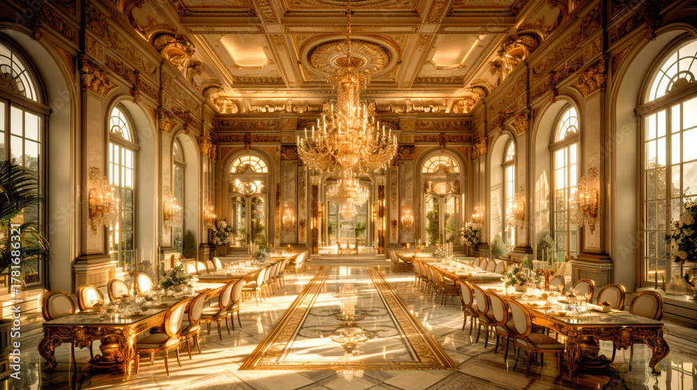 Obraz premium Luxurious Golden Dining Hall with Chandeliers and Marble Details
