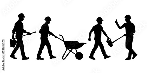 Silhouette of construction workers carrying tools