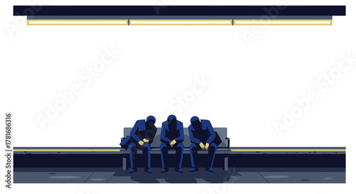 Three somber figures patiently wait on a minimalist subway platform, illuminated by overhead lights, reflecting urban solitude and the daily commute.
