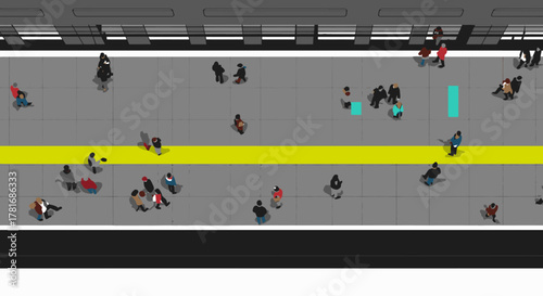 An aerial perspective captures a bustling urban subway platform filled with diverse commuters awaiting their train, highlighting daily city transit.