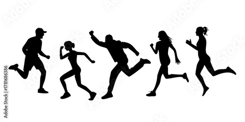 Silhouette of people running, fitness and sport