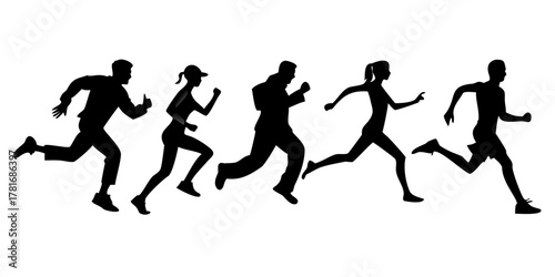 Silhouette of people running, fitness and health