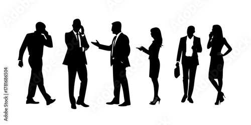 Silhouettes of business people walking and talking