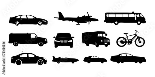 Silhouettes of different types of transport vehicles