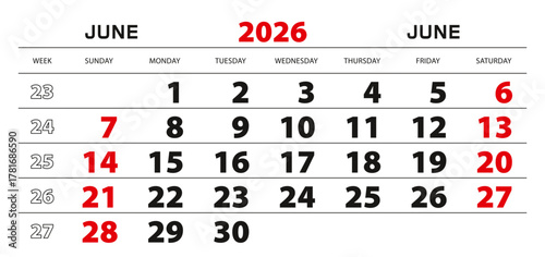 Wall calendar 2026 for june, week start from sunday.