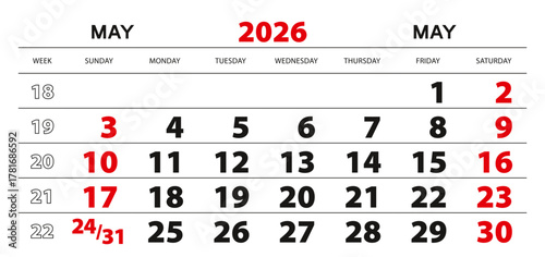 Wall calendar 2026 for may, week start from sunday.