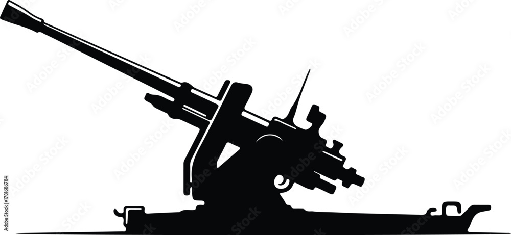 Naklejka premium Illustrator Anti aircraft gun artillery military weapon black Silhouette vector