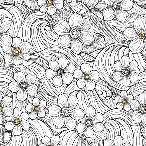 Monochrome illustration features blossoms with detailed petals and golden centers, interwoven with flowing, wave-like lines