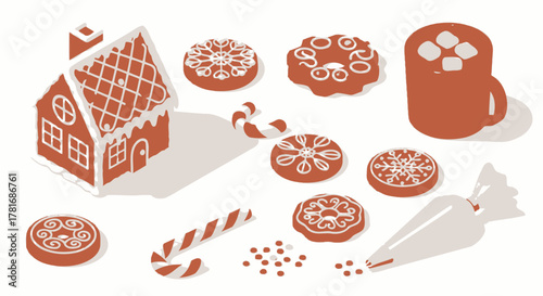 Gingerbread House, Candy Canes, Cookies, Confectionery bag, and Hot Chocolate