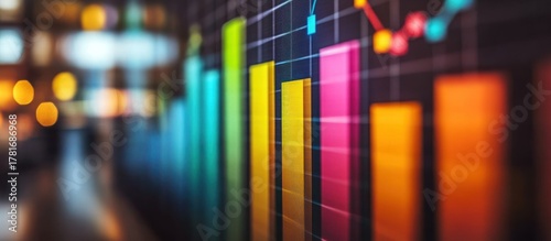 Colorful bar graph chart on screen with blurred background.