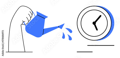 Hand holding a watering can pouring water beside a clock, highlighting nurturing, growth, time management, productivity, patience, strategy, and development. Minimalist flat metaphor