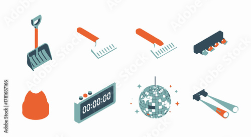 Collection of Isometric Winter Tools and Timekeeping Devices Icons on White