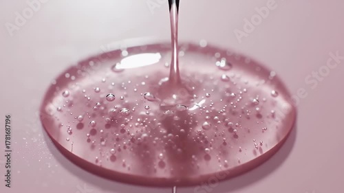 Close up of pink liquid dripping into a clear viscous gel creating tiny air bubbles in soft studio lighting