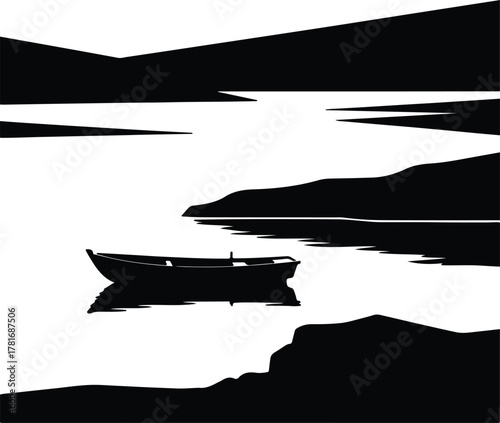 Illustrator Lonely boat floating on water silhouette illustration vector