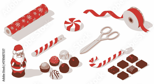 Christmas Sweets Festive Chocolate, Candy, and Wrapping Paper Still Life